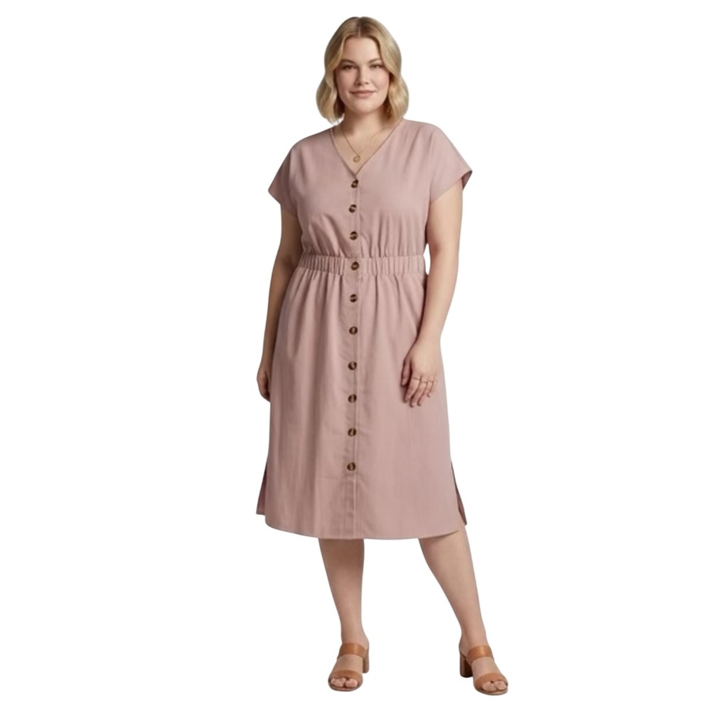 Greathe Womens‎ Button Front Midi Dress Dusty Rose Pink Elastic Waist Size Large